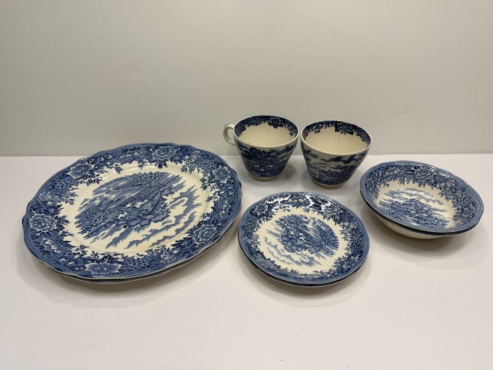 Vintage Salem China English Village Blue White Tea Set Plates Olde Staffordshire